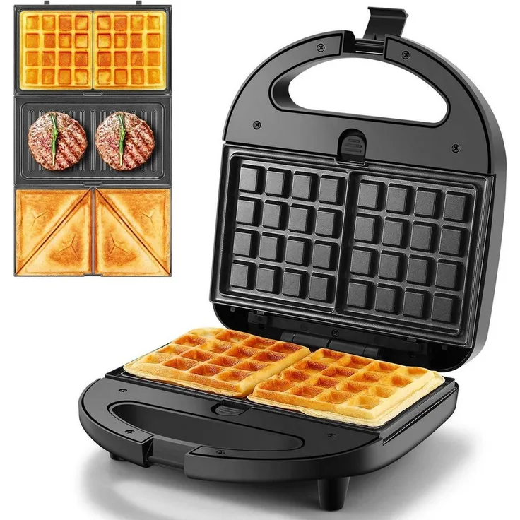 Forrlite 3-in-1-Kombi-Waffeleisen, Multifunktionsgerät mit 760 W, wechselbaren Platten, Antihaftbeschichtung und LED-Anzeige