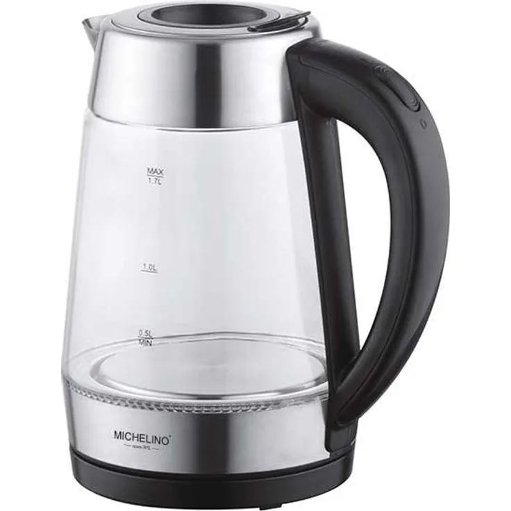 Michelino Wasserkocher Glas-Kocher aus hochwertigem Borosilikatglas, 1,7 l, 2200,00 W, LED-Beleuchtung, Edelstahl-Applikationen, automatische Öffnung