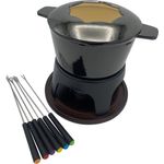 Swissmar Fonduegarn.Sierra met sw 17c, Fondue Set, Schwarz - Gusscaquelon mit Spritzschutz, 6 Gabeln, Rechaud aus Guss mit Holztablett, mit Brenner