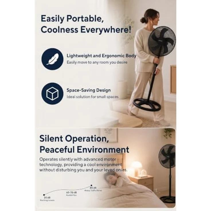 KUMTEL Standventilator 50 cm, 60 W, höhenverstellbar, 3 Geschwindigkeitsstufen, 70° Oszillation, schwarz – Bild 7