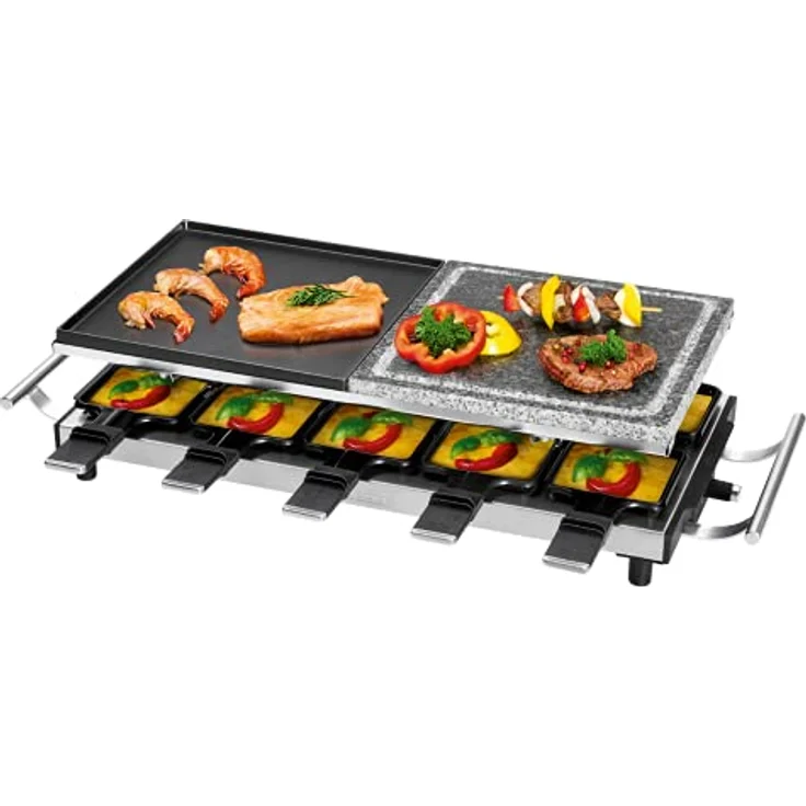ProfiCook PC-RG 1144 Raclette-Tischgrill mit Naturgrillstein und Wendegussplatte, 10 Pfännchen, 10 Holzspatel, 1700 W – Bild 2