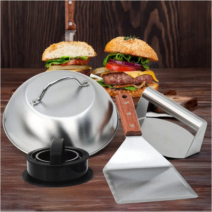 Gravidus Smash-Burger Maker Set 4-teilig mit Edelstahlhaube, Burgerpressen aus Edelstahl und Kunststoff, BBQ-Wender mit Holzgriff, Silber-Schwarz-Braun