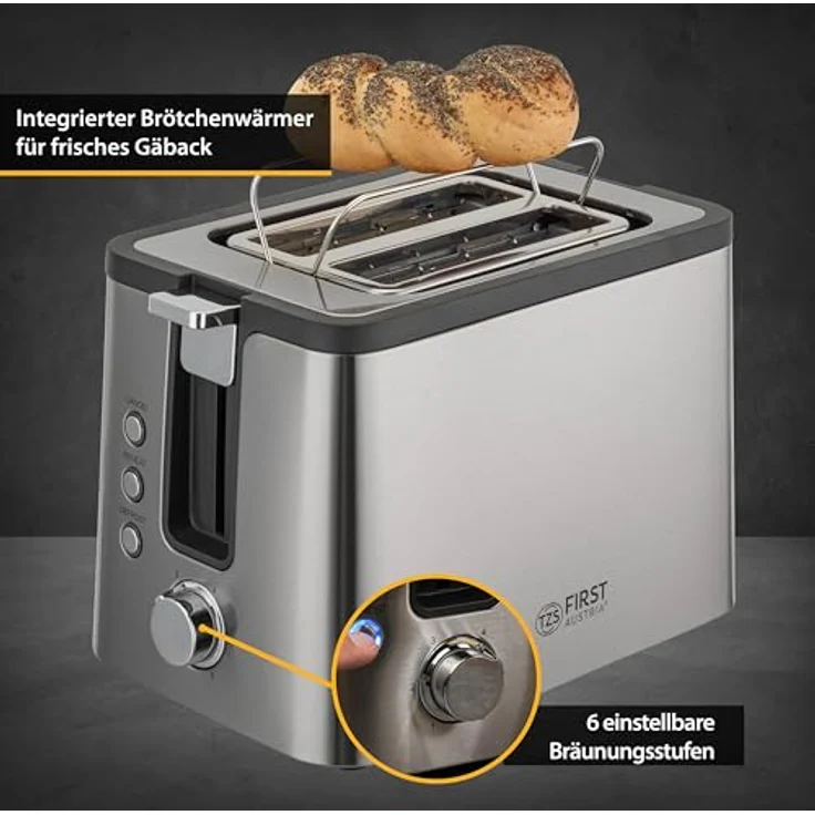 TZS First Austria Toaster | Edelstahl | 2-Scheiben | 6 Bräunungsstufen | Auftau- und Aufwärmfunktion | integrierter Brötchenwärmer | Krümelfach – Bild 4