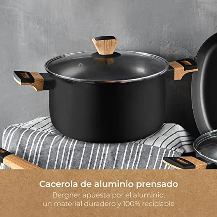 BERGNER Earth | Küchentopf 24 cm mit Deckel | Farbe Schwarz | Aus gepresstem Aluminium mit ergonomischen Holzgriffen | Küchenhelfer | kompatibel mit allen Küchenarten – Bild 4