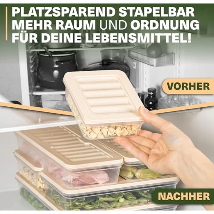 VIWARES Stapelbare Gefrierdosen 16er Set, Lebensmittel Organizer Beige, frostfest bis -25°C, wiederverwendbare Frischhaltedosen für Kühlschrank und Gefrierschrank – Bild 6