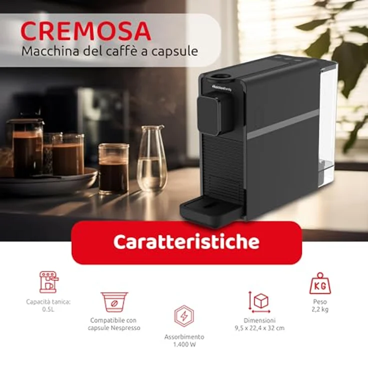 Melchioni Kapselmaschine Cremosa, 20 Bar Pumpe für starke Crema, 0,5 Liter Wassertank – Bild 2