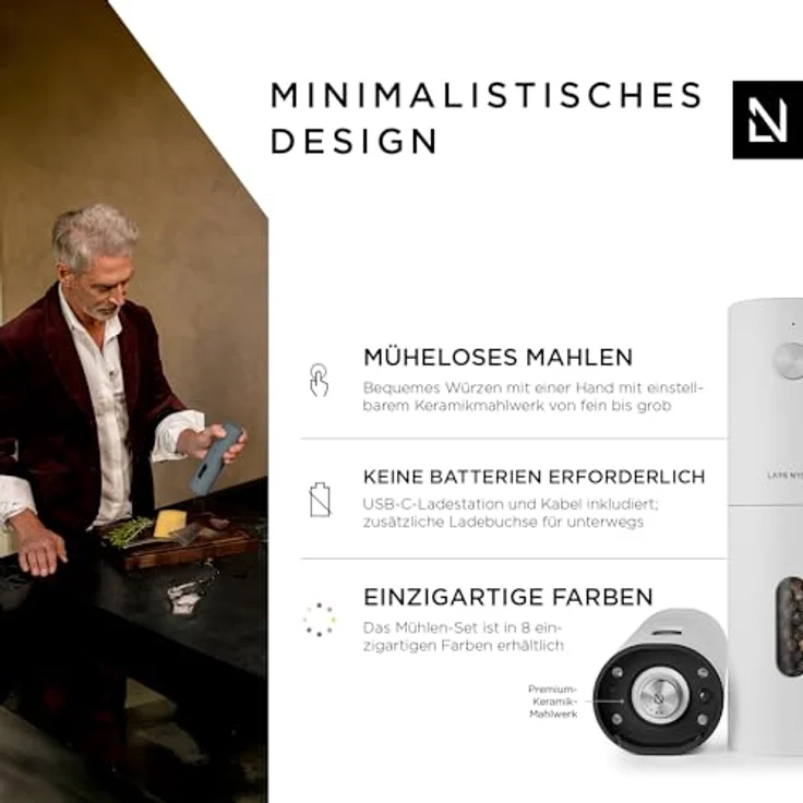 LARS NYSØM Salz und Pfeffer Mühle Elektrisch 2er Set mit einstellbarem Keramik-Mahlwerk von grob bis fein I Design Gewürzmühlenset Automatisch (2 Stück, Snow White) – Bild 2