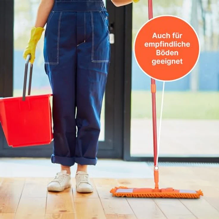 Bodenwischer Set ( Orange ) inkl. 4 Ersatzbezüge - Wischmopp mit Fußklick 360 Grad Gelenk für alle Ecken - Komfort Bodenreiniger Flachmopp Wischmopp – Bild 3