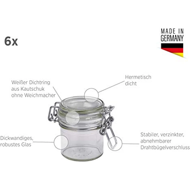 MÄSER 925337 Gothika, Einmachgläser klein, made in Germany, 6er Set à 90 ml, Vorratsgläser mit Deckel und Drahtbügel zum luftdichten Aufbewahren, Einkochen und Einlegen, Glas, transparent – Bild 3