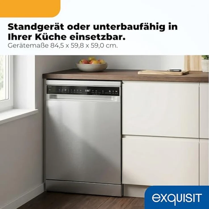 Exquisit GSP9616-450B, Stand-/Unterbau-Geschirrspüler mit 16 Maßgedecken, Energieklasse B, 45 dB, 8 Programme, Besteckschublade, Halbe Beladung, inox – Bild 3