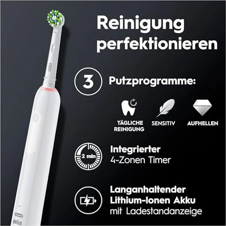 Oral-B Pro 3 3000 Cross Action White Elektrische Zahnbürste, 2 Aufsteckbürsten – Bild 4