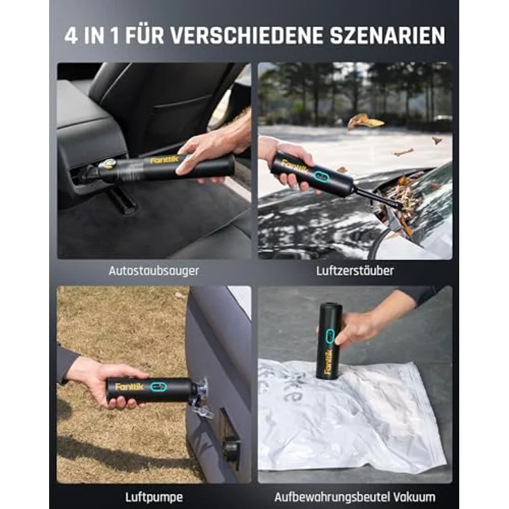 Fanttik Slim V8 Apex, Akku-Autostaubsauger mit 19000 Pa Saugkraft, 4-in-1 Handstaubsauger und Luftgebläsepumpe, ultraleicht und tragbar, Schwarz – Bild 3