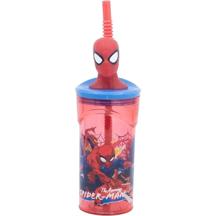 Spiderman 3D Trinkflasche Becher, 360 ml mit Strohhalm und Figurdeckel für Kinder – Bild 1