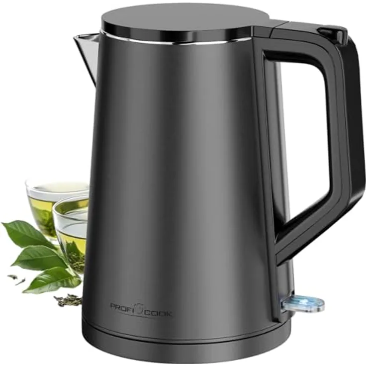 ProfiCook® Wasserkocher PC WK 1290, 1,5 Liter, 2200W, doppelwandiges Thermogehäuse, Einhandbedienung, matte Edelstahloberfläche, Graphit