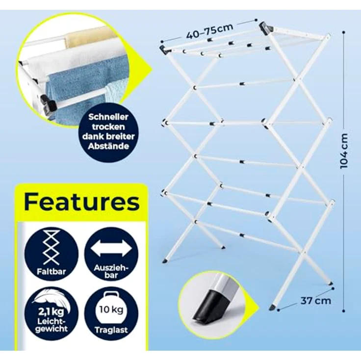 EASYmaxx Teleskop Wäscheständer 800, Wäscheturm mit 8 m Trockenlänge, faltbar und platzsparend, Standtrockner in klein und schmal, leicht klappbar, robust aus pulverbeschichtetem Stahl, ideal für kleine Haushalte – Bild 5