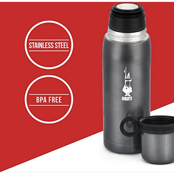 Bialetti TZ Ml. 460 To Go Thermoflasche mit Deckelbecher (doppelwandig), hält 12 h heiß und 24 h kalt, 460 ml Fassungsvermögen, Stahl, Dunkelgrau – Bild 4