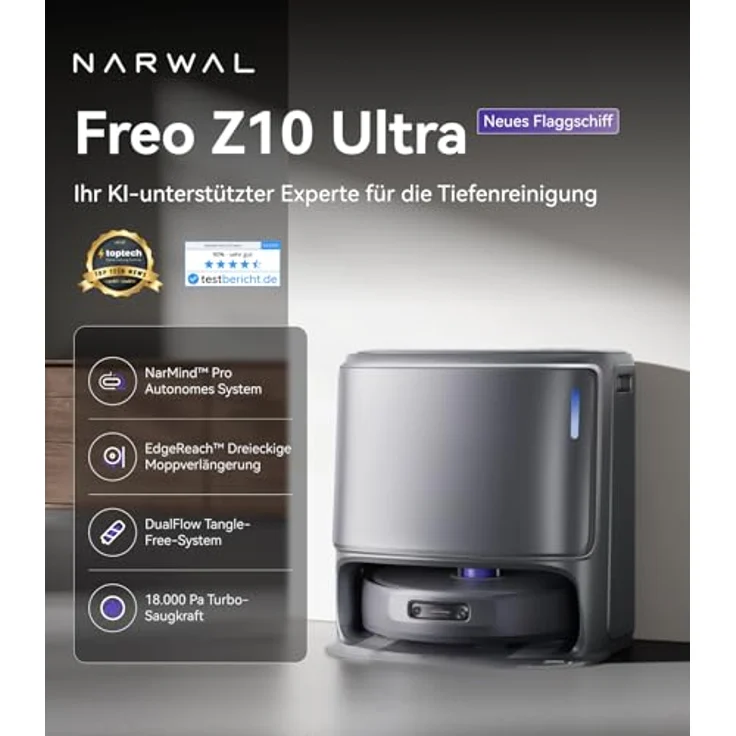 Narwal Freo Z10 Ultra Saug- & Wischroboter, 65W, 120 Min Laufzeit, 0,8L, Laser-Navigation, WLAN, beutellos, grau – Bild 2