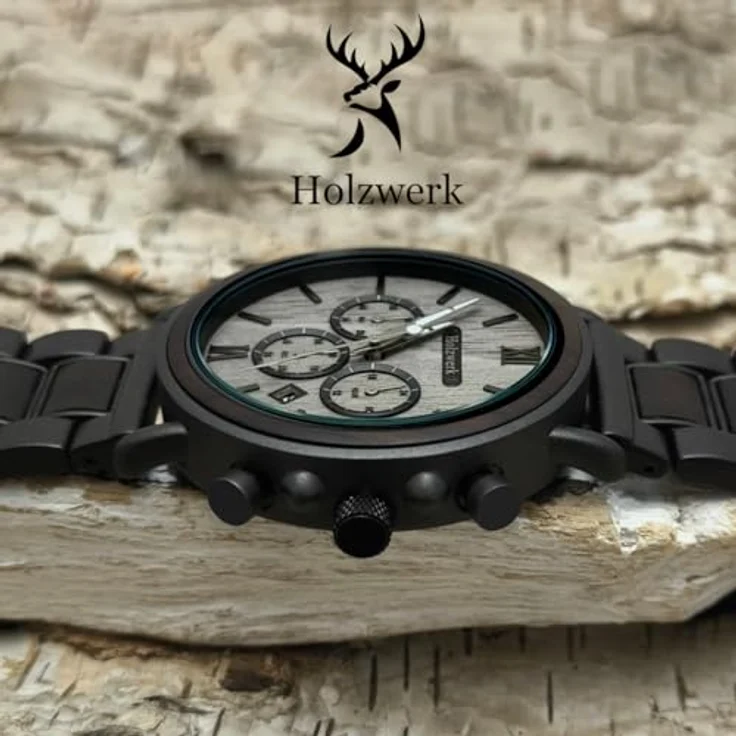 Holzwerk Germany Handgefertigte Designer Herren-Uhr Chronograph Armband-Uhr Quarz-Uhr Braun Schwarz Grau Römische Ziffern Datum Holz – Bild 4