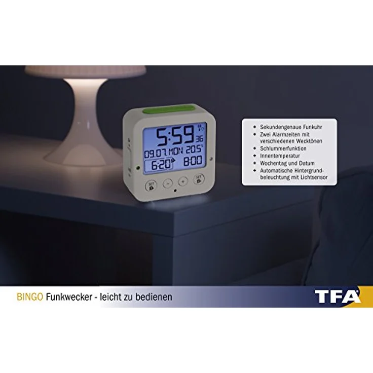 TFA Dostmann Funkwecker Bingo TFA 60.2528 digitaler Reisewecker, mit Funkuhr, 2 Weckalarmen und automatischer Hintergrundbeleuchtung, schwarz – Bild 8