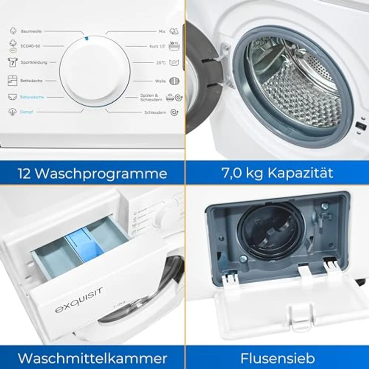 Exquisit Waschmaschine WA57014-020Aweiss | 7 kg Fassungsvermögen | Energieeffizienzklasse A | 12 Waschprogramme | Kindersicherung | Startzeitvorwahl… – Bild 3