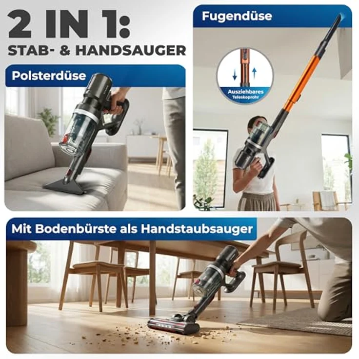 KLAMER Akku Staubsauger 2-in-1, kabellos & Handstaubsauger mit 60 min Akkulaufzeit, für Teppich, Auto, Hartböden, Polster & Tierhaare, LED-Bodenkopfbeleuchtung – Bild 4