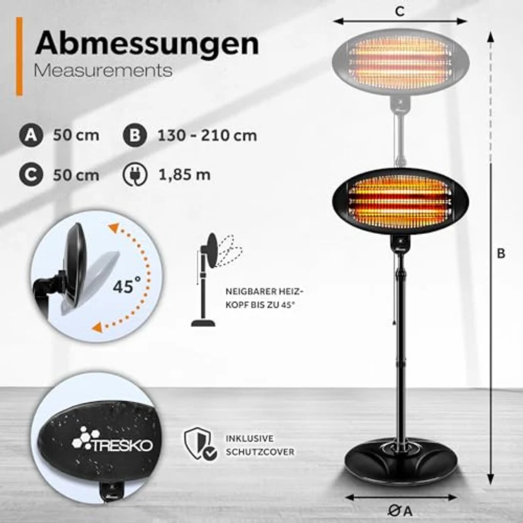 TRESKO Infrarot Stand-Heizstrahler 2000W | Wärmestrahler Terrasse elektrisch mit 3 Heizstufen | Terrassenstrahler Innen & Außen | Infrarotstrahler mit LED-Anzeige – Bild 5