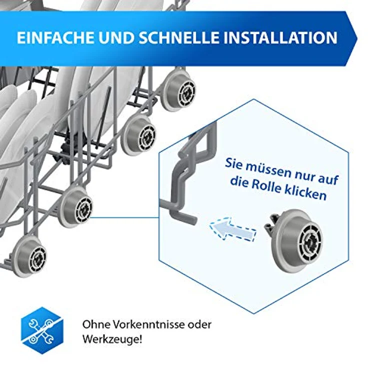 VIOKS Korbrollen 4 x Spülmaschinen-Rollen, Ersatz für Bosch 00611475, Siemens 611475, Küppersbusch 436718, grau, mit Rollenhalter für Unterkorb Geschirrspüler – Bild 4