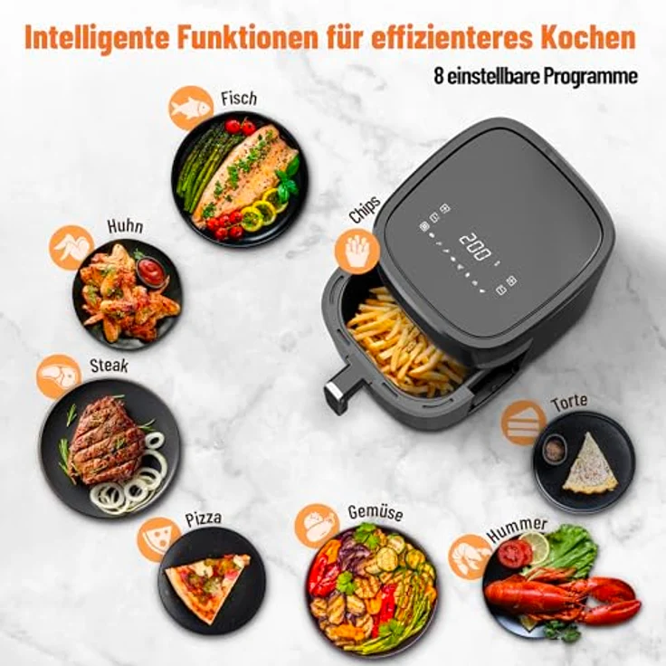 Noaton Heißluftfritteuse 6,2 L, Air Fryer mit Digitalem Touchscreen, 8 Programme, 1600 W, Ohne Öl, Temperaturwahl von 80 bis 200 °C, Inklusive Kochbuch und Küchenzange, Kompakt, Silber – Bild 5