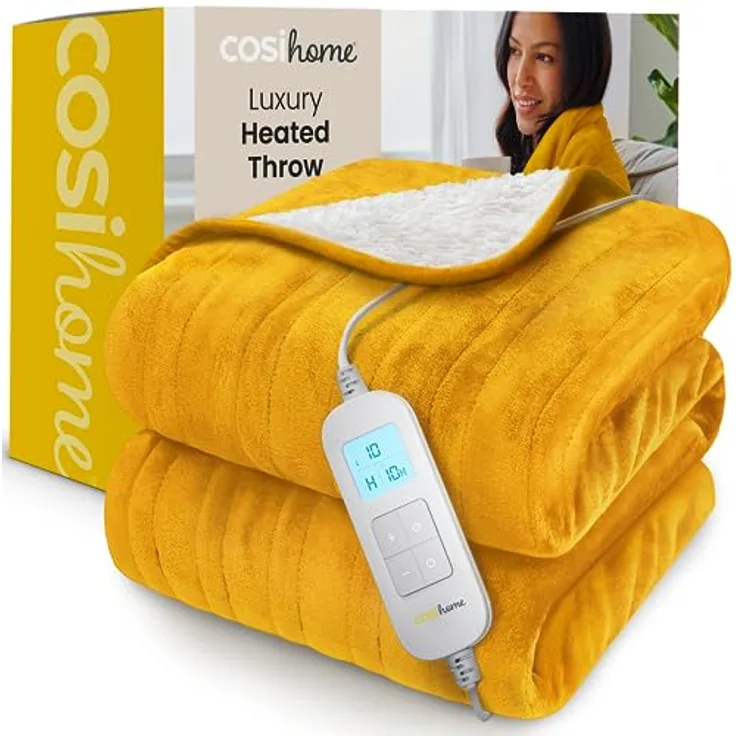 Cosi Home Heizdecke 180x130 cm - Elektrische Wärmedecke mit Abschaltautomatik, Überhitzungsschutz, Waschbar, Kuscheliges Sherpa & Fleece, 10 Heizstufen mit digitaler Fernbedienung - Senfgelb