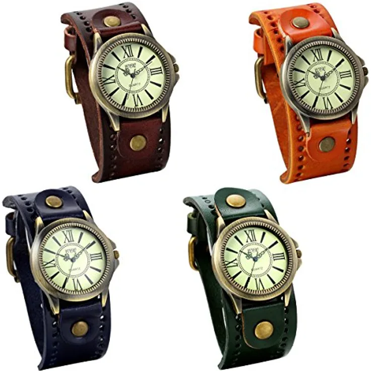 JewelryWe 4pcs Damen Armbanduhr Vintage Casual Analog Quarz mit Lederband, römischen Ziffern, 4 Farben: Braun, Orange, Blau, Dunkelgrün