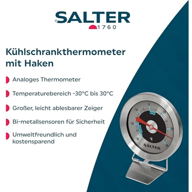 Salter analoges Thermometer für Kühl- und Gefrierschrank - Kühlthermometer Gefrierthermometer Temperaturbereich -30 bis 30°C, Edelstahl Gehäuse, Bimetall Sensor für exakte Ergebnisse – Bild 3