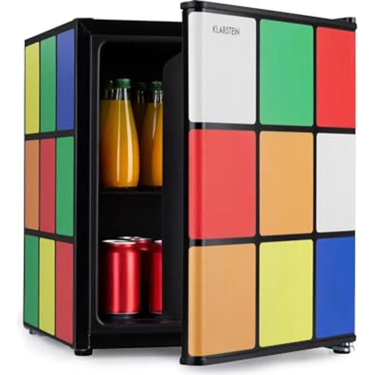 Klarstein Solve Mini-Kühlschrank, 48 Liter, thermoelektrisches Kühlsystem, 0 bis 10 °C Kühlung, Rubik-Würfel-Design, schwarz/bunt – Bild 1