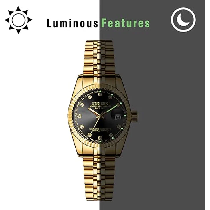 JewelryWe Paar Uhren Edelstahl Wasserdicht, 2er Set Quarz Armbanduhr mit Datum, Kalender, Leuchtzeiger und schwarzem Zifferblatt, goldenes Edelstahlarmband – Bild 5