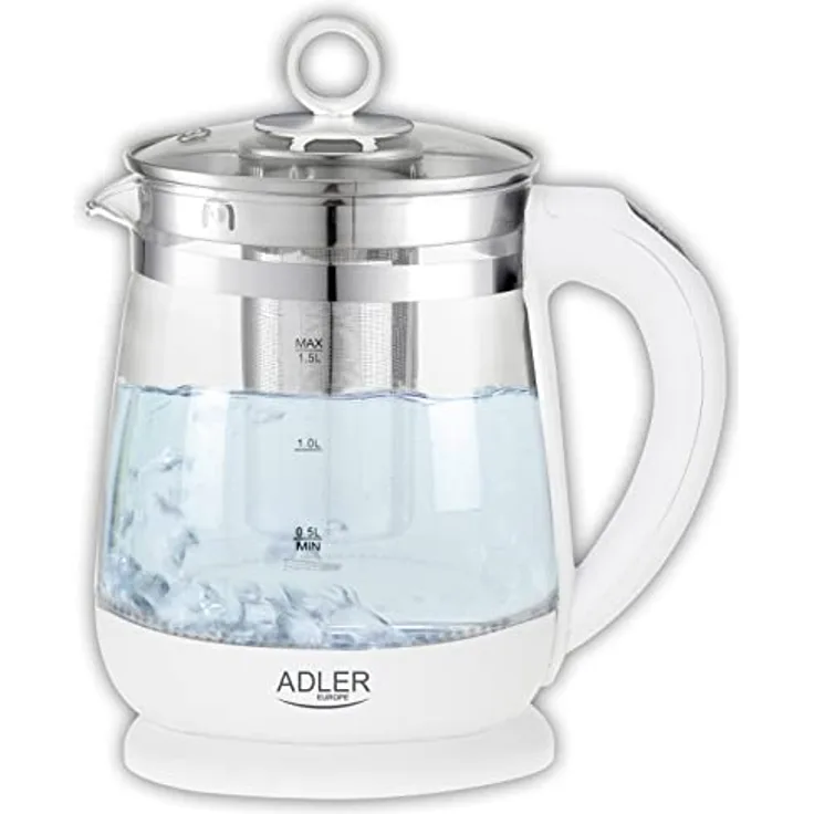 JUNG ADLER AD1299 Wasserkocher mit Temperatureinstellung (60-100°C) Digital, 2200W, Glas mit Edelstahl, 1,5 Liter, LED Innenbeleuchtung mit Farbwechsel, Brühkorb abnehmbar, 360° Basis, BPA- Frei