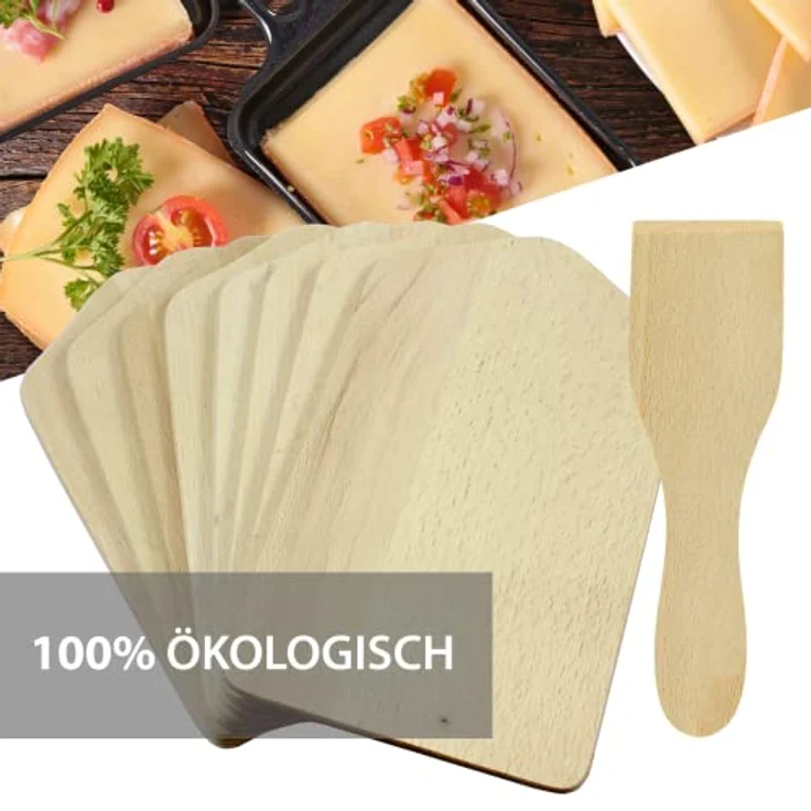 Smart-Planet Raclette Spachtel Set mit Brettchen hitzebeständig für beschichtete Pfännchen - 8x Racletteschaber - 8x Untersetzer Brettchen - Racletteset aus Buchenholz – Bild 4