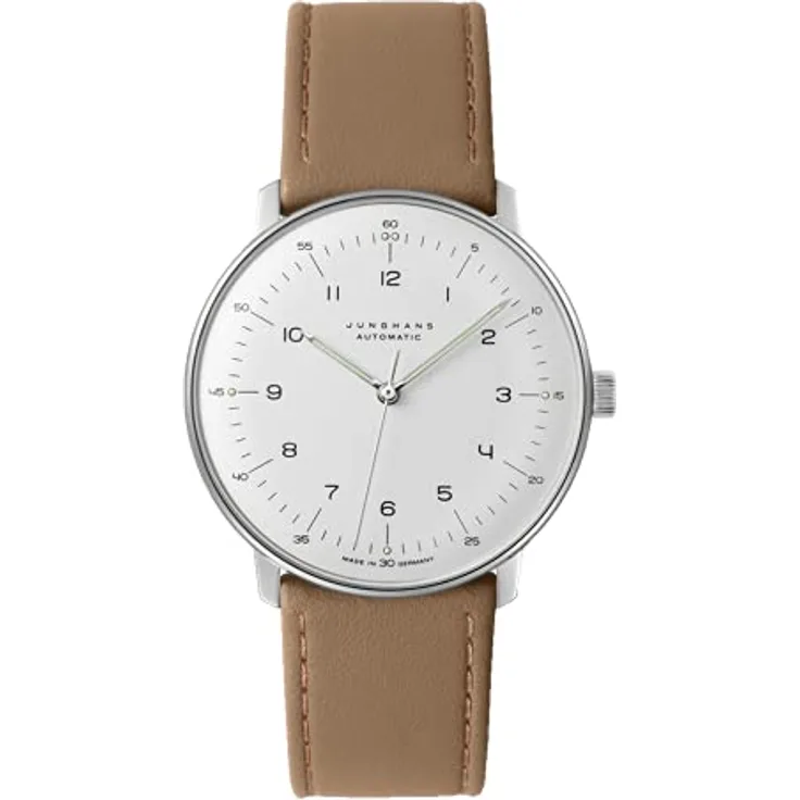 JUNGHANS max Bill Herrenuhr Automatik, Saphirglas, silbernes Zifferblatt, braunes Lederarmband mit Dornschließe