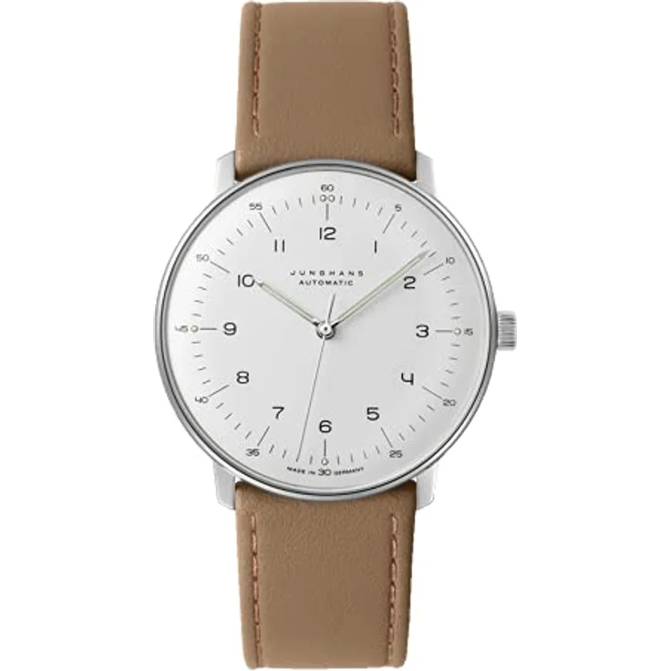 JUNGHANS max Bill Herrenuhr Automatik, Saphirglas, silbernes Zifferblatt, braunes Lederarmband mit Dornschließe – Bild 1