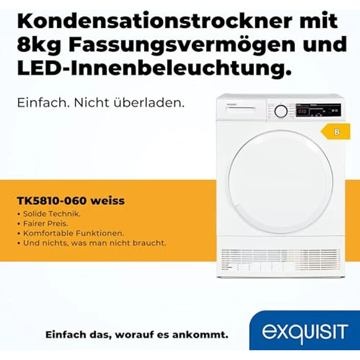 Exquisit Kondensationstrockner TK5810-060 weiss | 8 kg Fassungsvermögen | Energieeffizienzklasse B | Kindersicherung | Auto Abschaltung – Bild 2