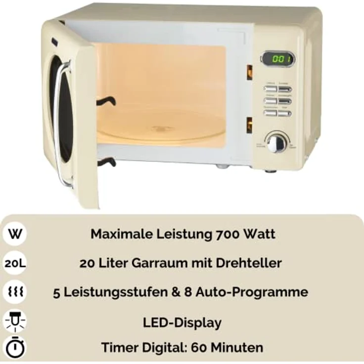 PKM WOLKENSTEIN Mikrowelle WMW720, Retro, Standgerät, 700 Watt, creme, 20 Liter Garraum, 8 Automatik-Programme, Drehteller, 60 Min Timer, Kindersicherung – Bild 2