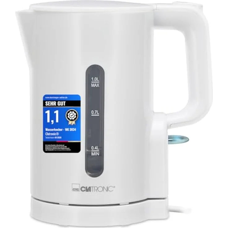 Clatronic WK 3834 Wasserkocher 1L | 900W | BPA frei | Einhandbedienung | Wasserstandsanzeige | Überhitzungsschutz | weiß – Bild 1