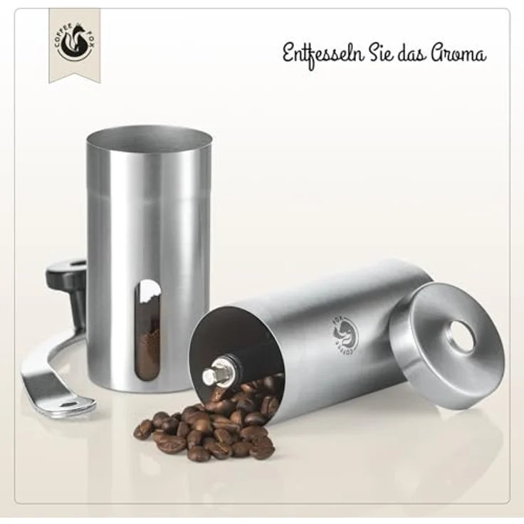 Coffee Fox® Handkaffeemühle, Edelstahl mit Keramik Mahlwerk, stufenlos einstellbar für frischen Kaffeegenuss, ideal für Zuhause und Reisen – Bild 4