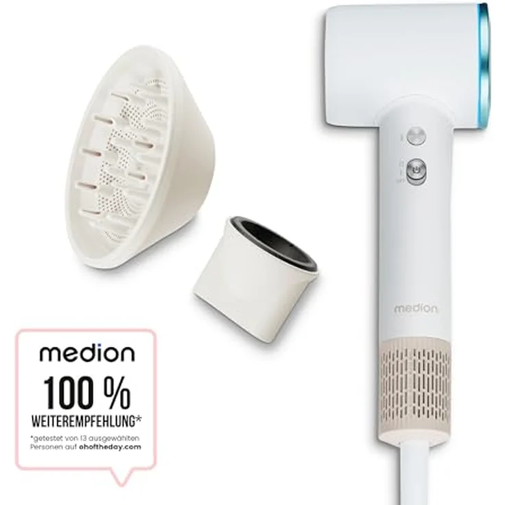 MEDION Haartrockner mit Diffusor HD1 (Ionen Technologie, 1.600 Watt, Stylingdüse, magnetische Aufsätze, langlebiger BLDC Motor, LED Ringlicht, langes Netzkabel) weiß – Bild 1
