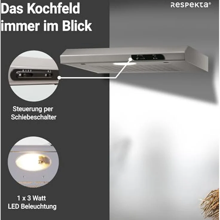 respekta Economy DH 640 IXL, Motorhaube, Standard, Breite: 60 cm, Tiefe: 47 cm, Absaugung und Rückführung (mit zusätzlichem Rückführungsset), Inox – Bild 4