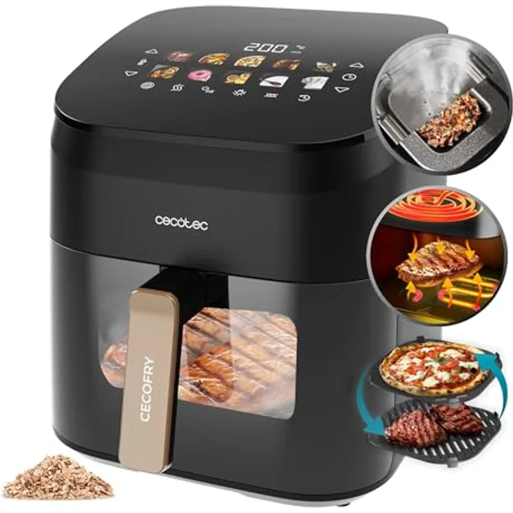 Cecotec Cecofry&Grill Smokin' 6500, Heißluftfritteuse ohne Öl 6,5L mit Grillfunktion, Doppelwiderstand, integrierter Smoker, 2200W, Temperaturregelung 40-200°C, 10 Menüs