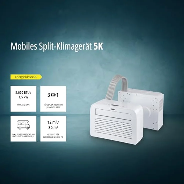 Unold Klimaanlage 5K 86320, mobile Split-Klimaanlage mit 5.000 BTU, 3-in-1 Funktion, LED-Display, leise 44 dB, inklusive Caravan-Fensteraufhängung – Bild 4