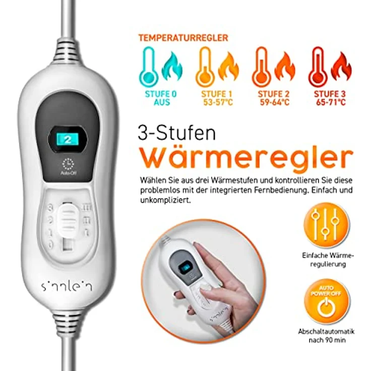 sinnlein Heizkissen elektrisch mit Füllung 100W für Rücken Schulter Nacken Bauch | Wärmekissen mit 3 Temperaturstufen & Abschaltautomatik (Grau) – Bild 4