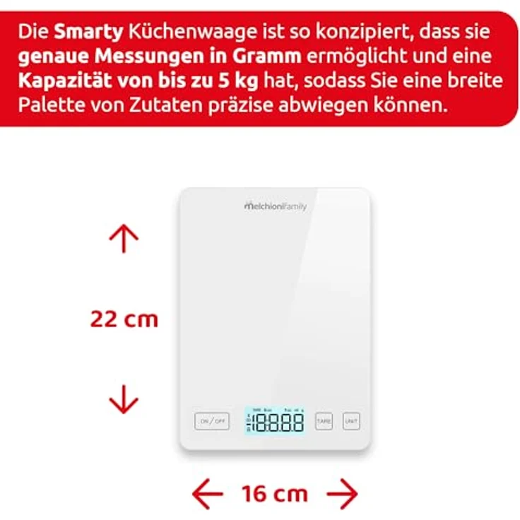 Melchioni Family | Smart Küchenwaage mit App, ultradünn aus gehärtetem Glas, kabellose Lebensmittelwaage, bis zu 5 kg, Weiß – Bild 4