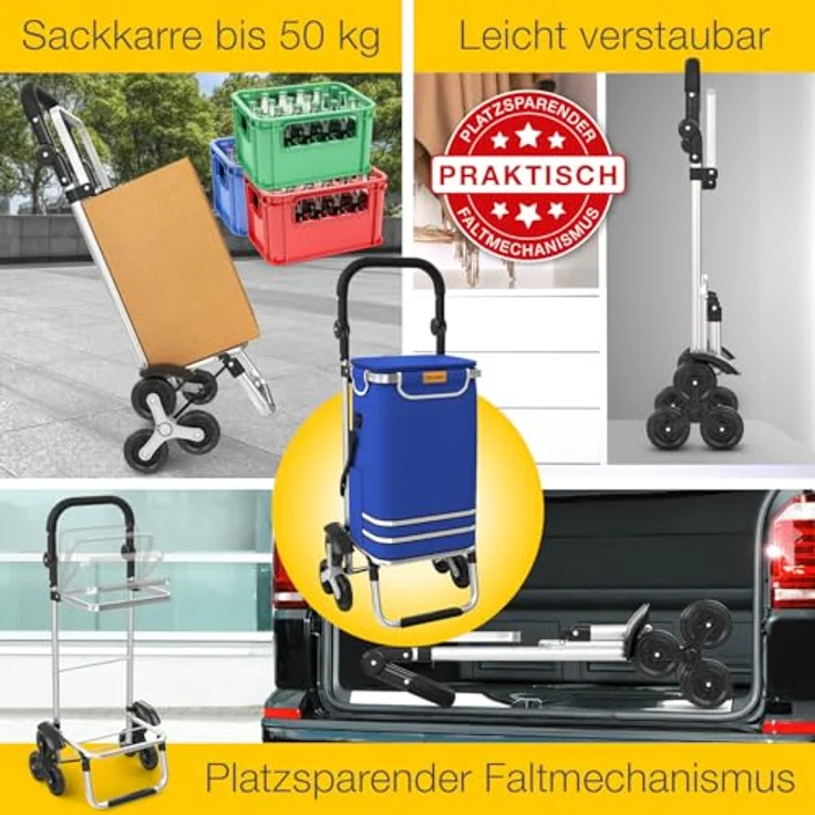 ELONEO Einkaufstrolley Treppensteiger, höhenverstellbar mit Kühlfach und abnehmbarer Tasche 56 L, faltbar, Blau – Bild 2