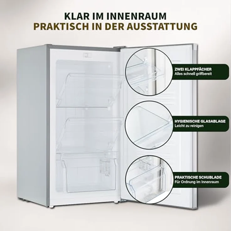 Stolthoff® Mini Gefrierschrank 63L, 4 Sterne Tiefkühlschrank bis -18 °C, leise 39 dB, wechselbarer Türanschlag, freistehend, Silber – Bild 3