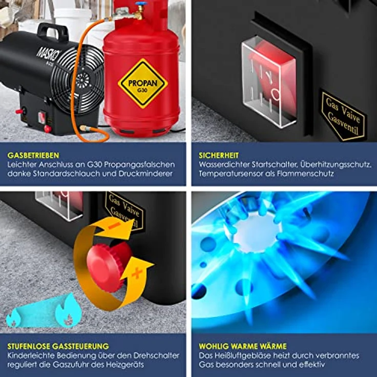MASKO Gasheizgebläse Gasheizer Heizkanone Gasheizstrahler Bauheizer Gas Heizgerät heizstrahler Heißluftgenerator inkl. Gasschlauch & Druckminderer Heizgebläse für handelsübliche Gasflaschen Schwarz, 15 kW,  – Bild 3